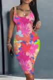 Red Floral Leopard Print Sleeveless U Neck Knee Length Casual Outing Bodycon Vest Midi Dress