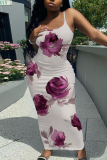 Pink Floral Print Sleeveless Backless Spaghetti Strap Casual Outing Vacation Bodycon Maxi Slip Dress