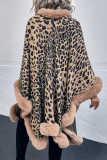 Khaki Street Elegant Leopard Fur Trim Long Sleeve Outerwear Fall Winter Cape Cardigan Cloaks