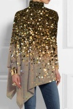 Red Casual Lantern Santa Hat Print Asymmetrical Hem Sequins Turtleneck Long Sleeve Loose Tops Blouses