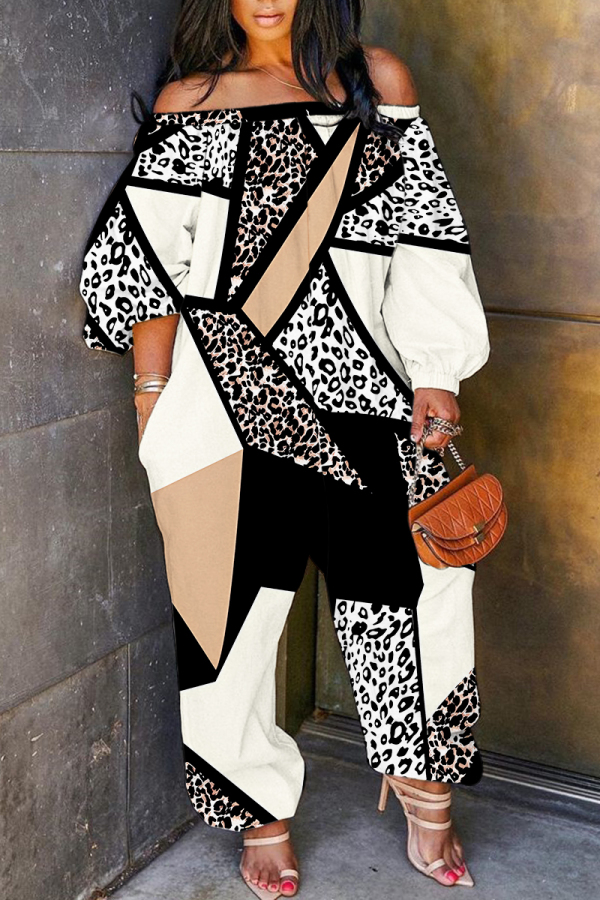 White Loose Casual Abstract Floral Butterfly Print Off Shoulder Long Sleeve Overall Jumpsuits