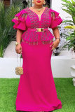 White Deep V Neck Ruffled Layered Sleeve Gold-Tone Belt and Fringe Trim Flared Mermaid Formal Evening Maxi Dress