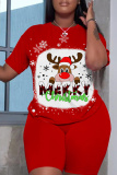 Red Christmas Plaid Print Round Neck Short Sleeve T-shirt and Shorts Two Pieces Matching Sets