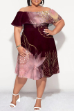 Wine Red Floral Print Off Shoulder Ruffled Sleeve A Line Casual Outing Vacation Plus Size Midi Dress
