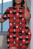 Red Christmas Plaid Print Round Neck Short Sleeve T-shirt and Shorts Two Pieces Matching Sets