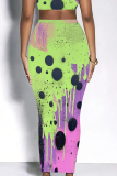 Green Purple Skinny Casual Abstract Colorblock Print Mid Waist Bottoms Long Wrap Skirts
