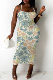 White Khaki Floral Print Sleeveless Backless Spaghetti Strap Casual Outing Vacation Bodycon Midi Slip Dress