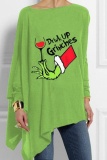 Green Casual Letter Santa Print Asymmetrical Hem Round Neck Long Sleeve Loose Tops Christmas Blouses