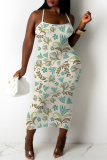White Khaki Floral Print Sleeveless Backless Spaghetti Strap Casual Outing Vacation Bodycon Midi Slip Dress