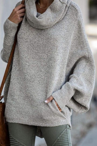 Light Grey Loose Casual Pocket Scarf Collar Long Batwing Sleeve Fall Winter Sweater Tops