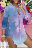 Blue Purple Casual Abstact Print Button up Slit Shirt Collar Long Sleeve Tops Blouses