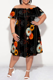 Wine Red Floral Print Off Shoulder Ruffled Sleeve A Line Casual Outing Vacation Plus Size Midi Dress
