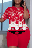 Red Christmas Plaid Print Round Neck Short Sleeve T-shirt and Shorts Two Pieces Matching Sets