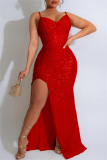 Red Sleeveless Backless Spaghetti Strap Ruched Side Slit Floor Length Bodycon Sequin Maxi Dress Shimmer Night Out Party Evening Gown
