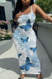 Pink Floral Print Sleeveless Backless Spaghetti Strap Casual Outing Vacation Bodycon Maxi Slip Dress