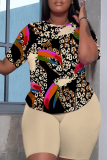 Khaki Casual Abstract Print Round Neck Short Sleeve T-shirt and Shorts Two Pieces Matching Sets