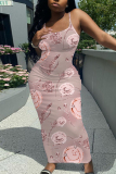 Pink Floral Print Sleeveless Backless Spaghetti Strap Casual Outing Vacation Bodycon Maxi Slip Dress