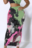 Green Purple Skinny Casual Abstract Colorblock Print Mid Waist Bottoms Long Wrap Skirts