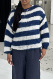 Blue Loose Casual Letters Striped Weave Contrast Oblique Collar Long Sleeve Fall Winter Sweater Tops