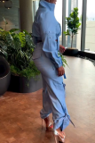 Sky Blue Casual Sportswear Pocket Buttons Zipper Collar Long Sleeve Jacket and Cargo Pants Two Pieces Matching Sets