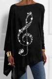 Orange Loose Casual Letter Figure Print Asymmetrical Hem Round Neck Long Sleeve Tops Blouses