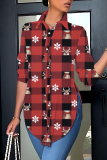 Blue Purple Christmas Casual Colorblock Plaid Print Button up Slit Shirt Collar Long Sleeve Tops Blouses