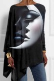 Black Brown Loose Casual Christmas Santa Figure Print Asymmetrical Hem Round Neck Long Sleeve Tops Blouses