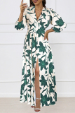 Multicolor Floral Print V Neck Long Sleeve Floor Length Front Slit Loose Fit Vacation Maxi Dress