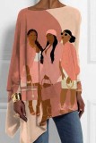 Multicolor Loose Casual Figure Print Asymmetrical Hem Round Neck Long Sleeve Tops Blouses