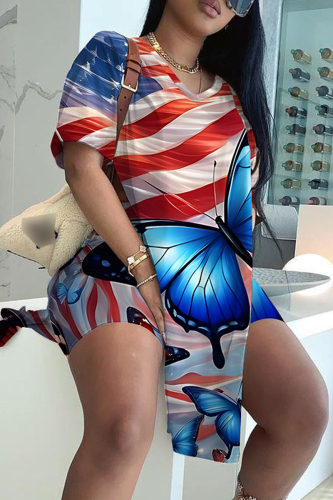 Blue Red Casual Abstract Butterfly Print Slit V Neck Long Sleeve T-shirt and Skinny Shorts Two Pieces Matching Sets
