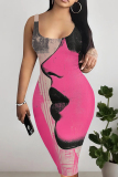 Dark Pint Gap Face Print Sleeveless U Neck Knee Length Cusuanl Outing Bodycon Tank Maxi Dress