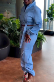 Sky Blue Casual Sportswear Pocket Buttons Zipper Collar Long Sleeve Jacket and Cargo Pants Two Pieces Matching Sets
