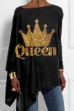 Dark Blue Loose Casual Letter Pearl Figure Print Asymmetrical Hem Round Neck Long Sleeve Tops Blouses