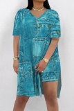 Khaki Casual Abstract Colorblock Print Slit V Neck Long Sleeve T-shirt and Skinny Shorts Two Pieces Matching Sets