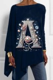 Dark Blue Loose Casual Letter Pearl Figure Print Asymmetrical Hem Round Neck Long Sleeve Tops Blouses