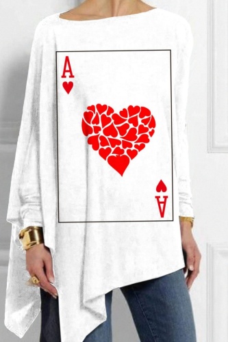White Loose Casual Ace of Hearts Print Slit Asymmetrical Hem Round Neck Long Sleeve Tops Blouses