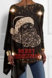 Black Brown Loose Casual Christmas Santa Figure Print Asymmetrical Hem Round Neck Long Sleeve Tops Blouses