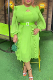 Rose Red Keyhole Neck Cut-Out Puff 3/4 Sleeve Rhinestone Buckle Fitted Waist Ruffle Trim Pleated Hem Formal Party Plus Size Wedding Guest Midi Dress