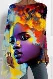 Multicolor Loose Casual Figure Print Asymmetrical Hem Round Neck Long Sleeve Tops Blouses