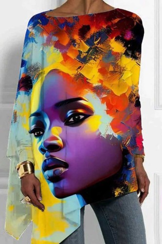 Multicolor Loose Casual Figure Print Asymmetrical Hem Round Neck Long Sleeve Tops Blouses