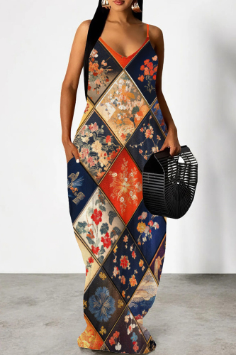 Multicolor Floral Print Sleeveless Backless Spaghetti Strap Floor Length Casual Outing Straight Loose Maxi Slip Dress
