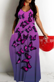 Blue Butterfly Print Sleeveless Backless Spaghetti Strap Floor Length Casual Outing Vacation Straight Loose Maxi Dress