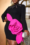 Black Rhinestone Decor High Neck Long Sleeve Cocktail Party Bodycon Mini Dress with Pink Rose Applique