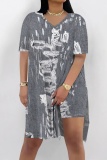 Khaki Casual Abstract Colorblock Print Slit V Neck Long Sleeve T-shirt and Skinny Shorts Two Pieces Matching Sets