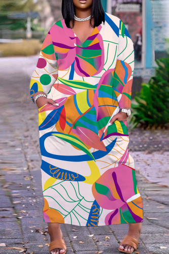 Light Yellow Graphic Leaf Print V Neck Long Sleeve Loose Fit Casual Outing Straight Loose Maxi Dress