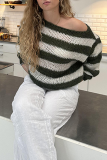 Blue Loose Casual Letters Striped Weave Contrast Oblique Collar Long Sleeve Fall Winter Sweater Tops