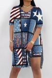 Khaki Casual Abstract Colorblock Print Slit V Neck Long Sleeve T-shirt and Skinny Shorts Two Pieces Matching Sets