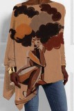 Multicolor Loose Casual Figure Print Asymmetrical Hem Round Neck Long Sleeve Tops Blouses