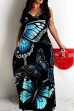 Blue Butterfly Print Sleeveless Backless Spaghetti Strap Floor Length Casual Outing Vacation Straight Loose Maxi Dress