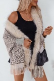 Apricot Casual Leopard Cardigan Fringed Hem Long Sleeve Outerwear Fall Winter Sweater Cardigon Cloaks Shawls